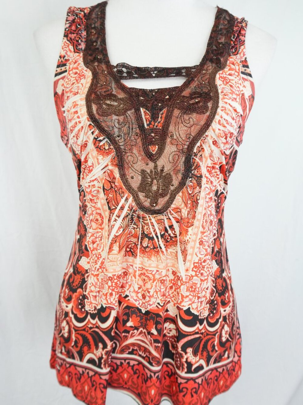 LNC Apt. 9 Lightweight Medium Tank Top Orange Black Cream Lace Abstract